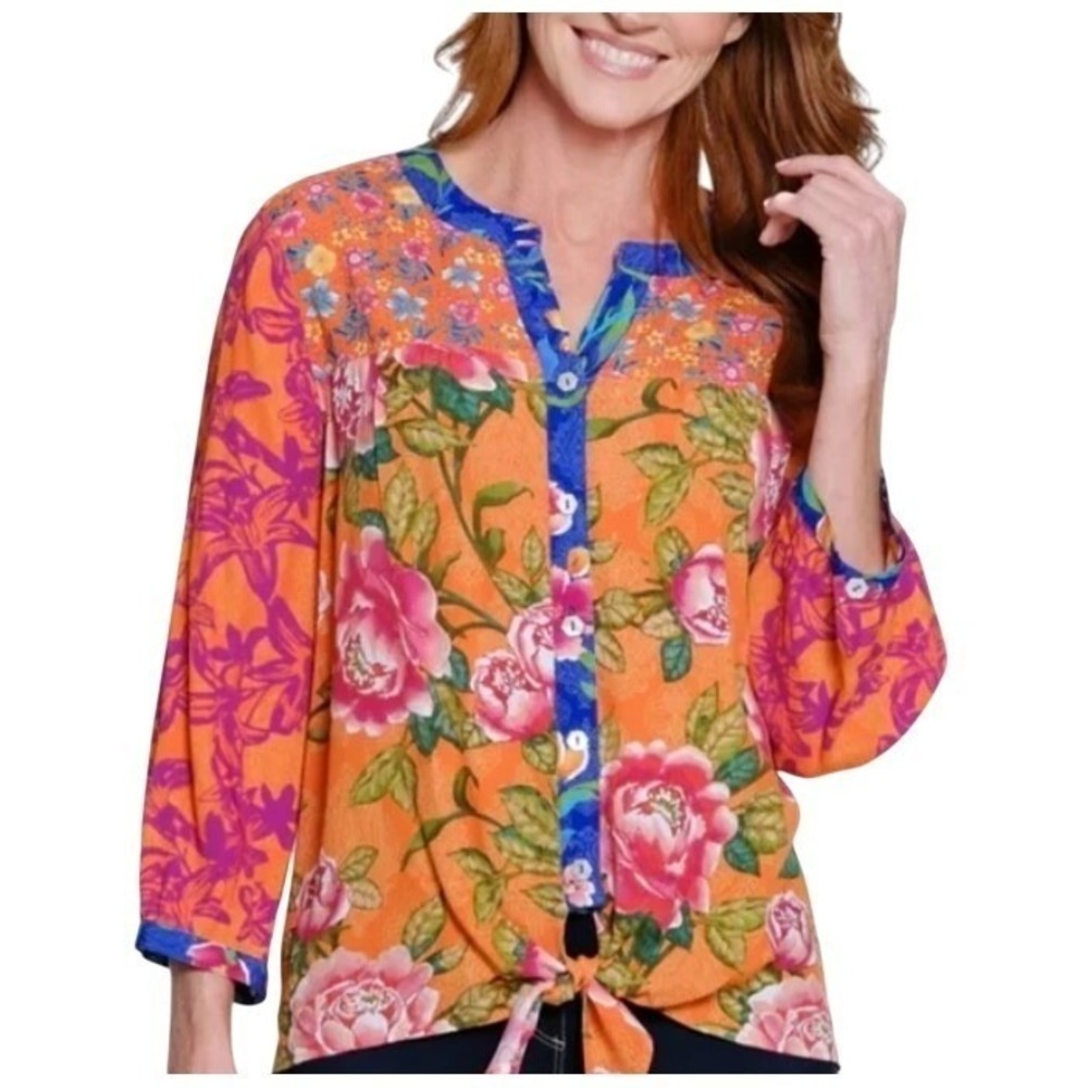 John Mark‎ 3X Orange Rose Floral Button Down Tie Front Top NWT